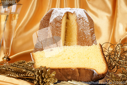 Image of Christmas composition with Pandoro and spumante