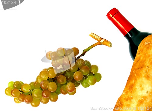 Image of muscat grapes, wine bottle and loaf of bread