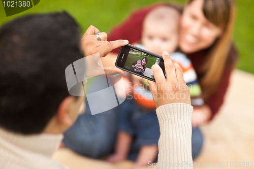 Image of Happy Mixed Race Parents and Baby Boy Taking Self Portraits