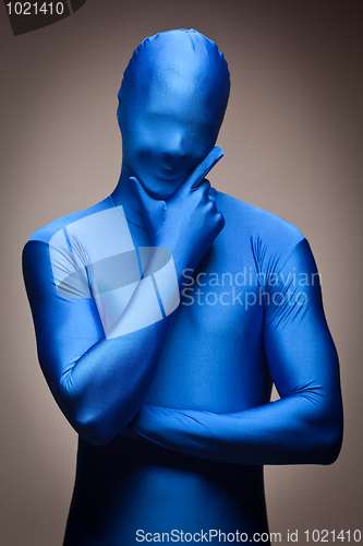 Image of Man Wearing Full Blue Nylon Bodysuite