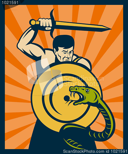 Image of Warrior with sword shield striking snake