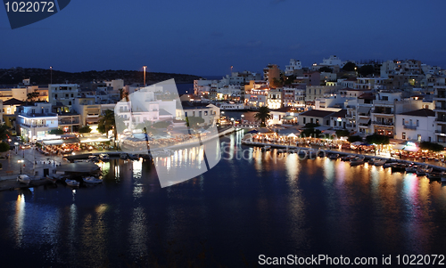 Image of Night panorama of Aghios Nikolaos town in Crete