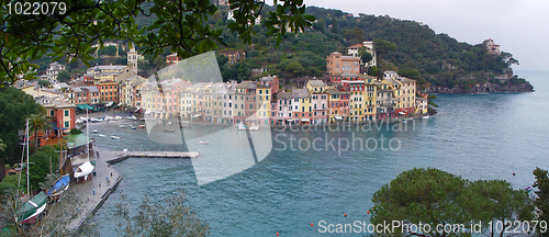 Image of Sea dock and colored houses. Portofino