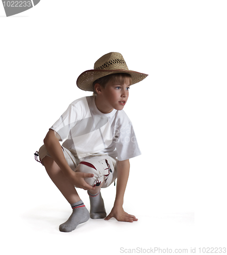 Image of Sitting boy straw hat on white background