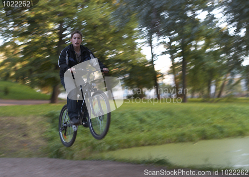 Image of Mountain biker flying off in forest