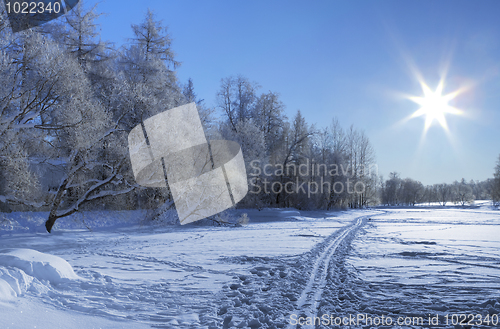 Image of Snow ski trail and Sun