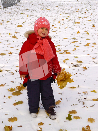 Image of Little girl with autumn leaves at winter