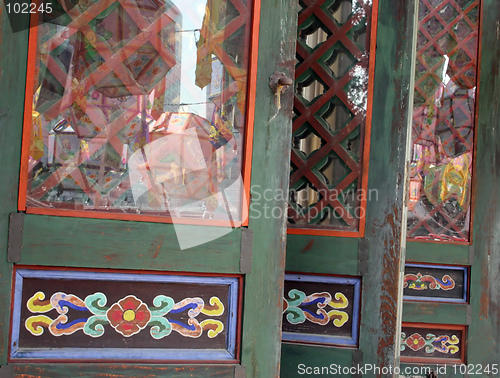 Image of Temple doors with lanterns reflected in the glass