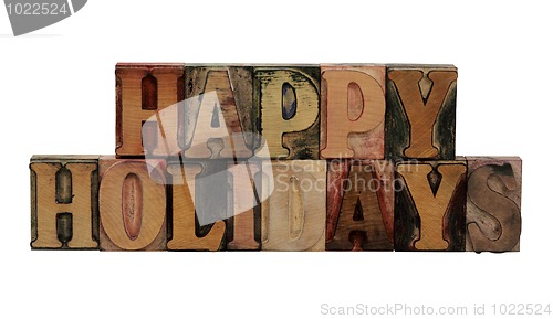 Image of Happy Holidays in letterpress wood letters