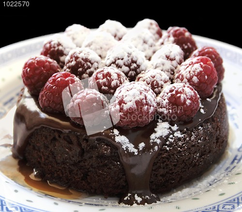 Image of small chocolate cake with raspberries and caramel