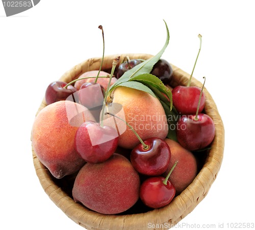 Image of peaches and cherries in a basket