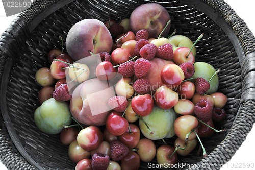 Image of peaches, plums, raspberries, Rainier cherries