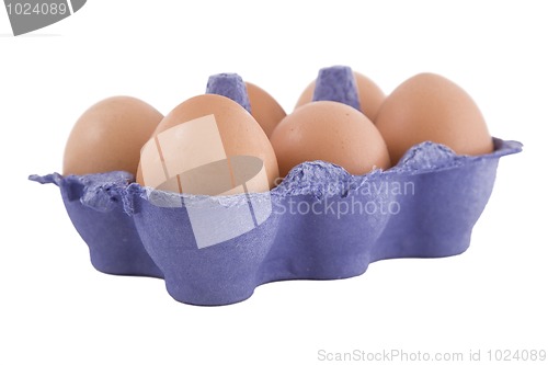 Image of brown hens eggs in blue egg carton