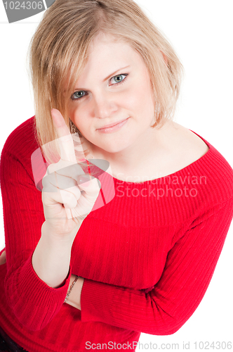 Image of Portrait of beautiful woman in red