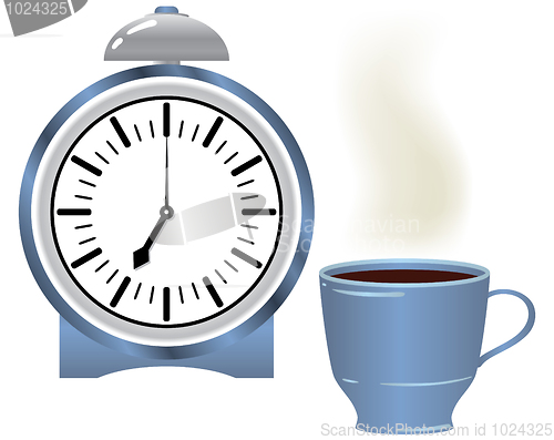 Image of Alarm clock and coffee mug.