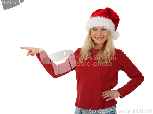 Image of Smiling Santa girl showing direction