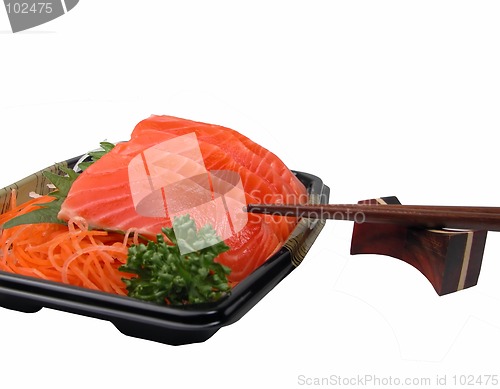 Image of Salmon sashimi and chopsticks