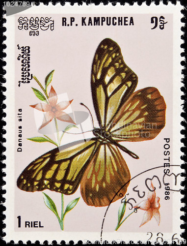 Image of Stamp, butterfly and flower.