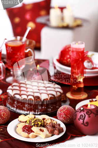 Image of Christmas cookies with marchpane cake and  wine punch