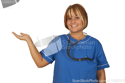 Image of Beautiful nurse holding something