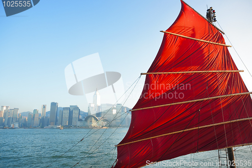 Image of sailboat flag in Hong Kong harbor