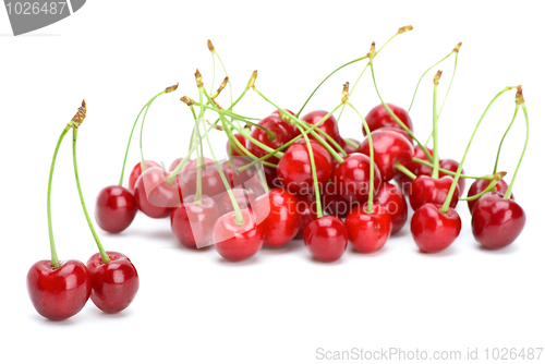 Image of Some ripe red cherries with stalks