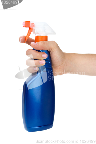 Image of Hand holding blue sprayer bottle