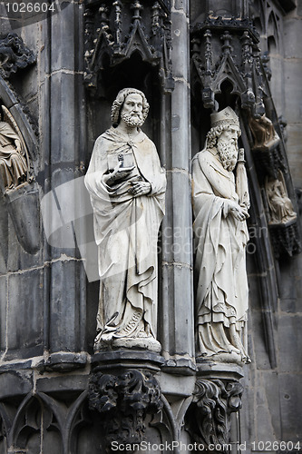 Image of Statues of saints at the Aachen cathedral. These statues were first made in 1414 and are part of the exterior of the Choir Hall