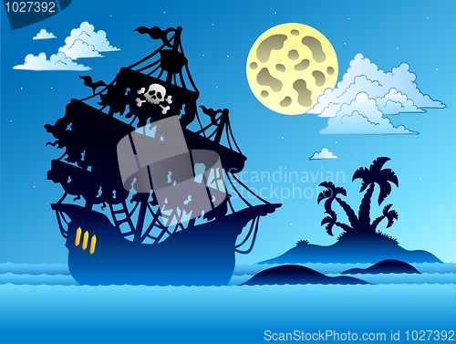 Image of Pirate ship silhouette with island