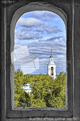 Image of The bell tower of the Transfiguration Cathedral from the window