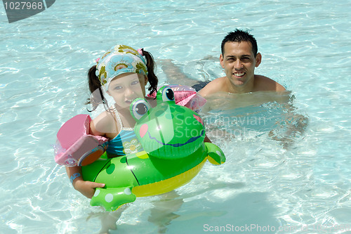 Image of Man and child in pool