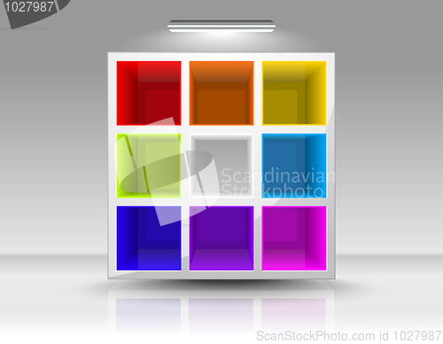 Image of Empty colored shelves
