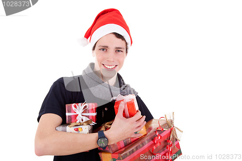 Image of Happy christmas young man with a gifts, isolated on white background
