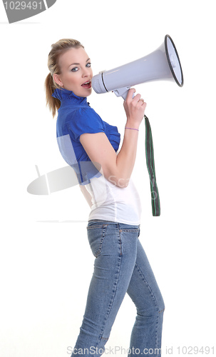 Image of young woman wiht megaphone or bullhorn