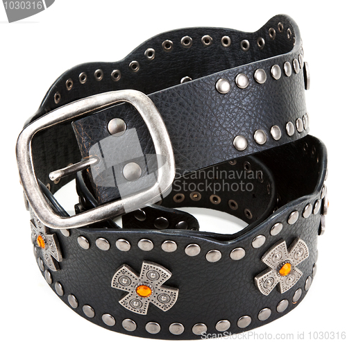 Image of Black leather belt with yellow stone and steel buckle