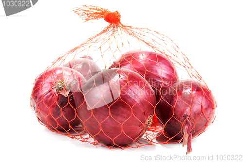 Image of Red onion in packing from red net
