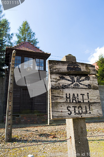 Image of Stop sign at Auschwitz concentration camp.