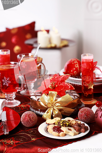 Image of Christmas cookies with marchpane cake and  wine punch