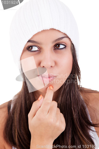 Image of Beautiful young Woman thinking with a hood,