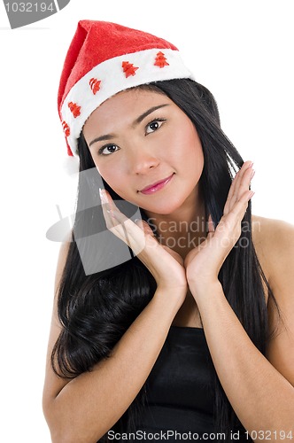 Image of woman with santa claus hat and blank business card