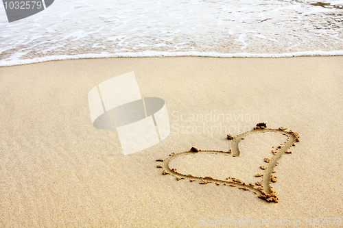 Image of hearts drawn in the sand with seafoam and wave