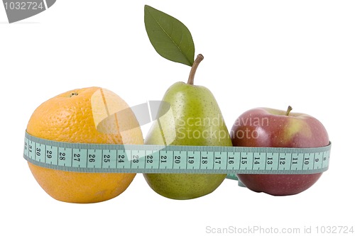 Image of orange, pear and red apple with measurement tape