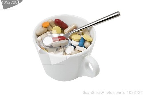 Image of cup of multicolored tablets and capsules with spoon