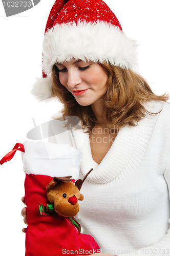 Image of Portrait of the young woman with New Year's gifts, it is isolate