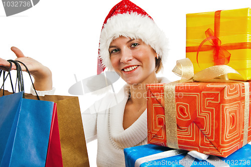 Image of Portrait of the young woman with New Year's gifts, it is isolate