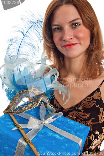 Image of Portrait of the young woman with New Year's gifts, it is isolate