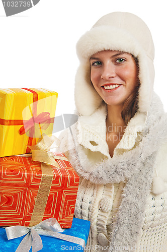 Image of Portrait of the young woman with New Year's gifts, it is isolate