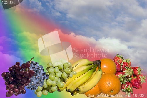 Image of rainbow of fruit in clouds