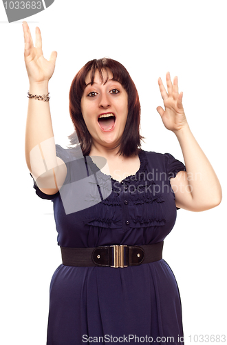 Image of Happy Young Caucasian Woman with Hands in Air on White