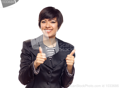 Image of Happy Young Mixed Race Woman With Thumbs Up on White